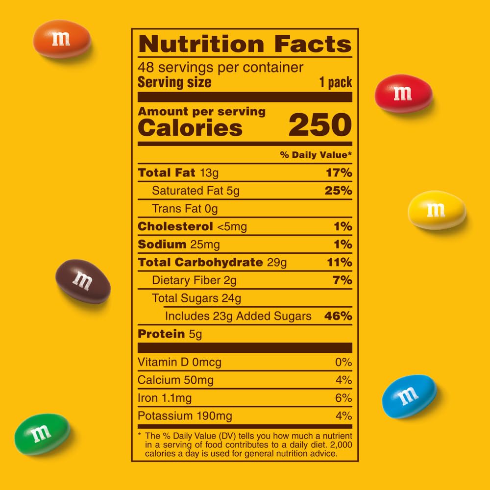 M&M'S Peanut Chocolate Candy, Full Size Candy 1.74 oz Bag, Bulk Pack of 48