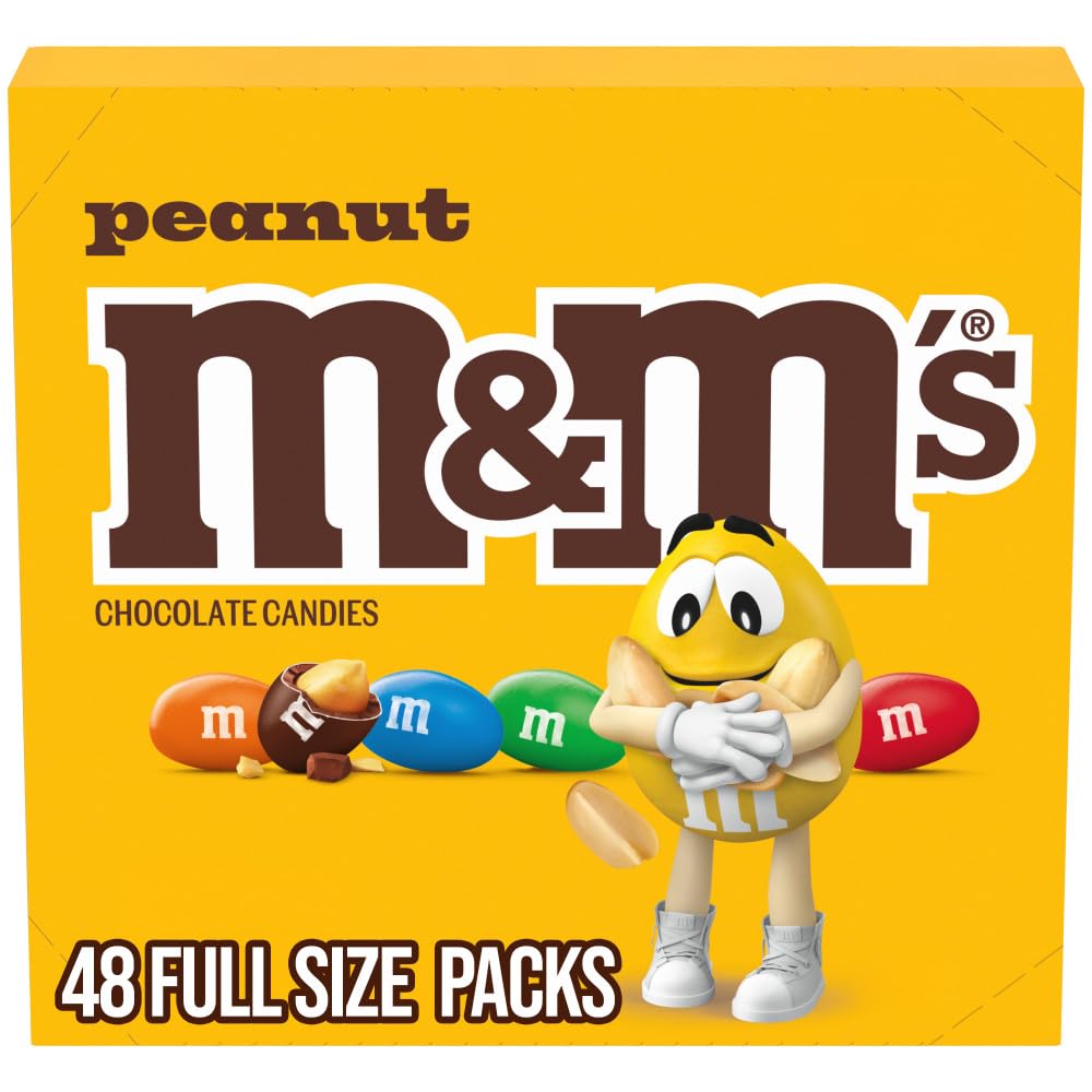 M&M'S Peanut Chocolate Candy, Full Size Candy 1.74 oz Bag, Bulk Pack of 48