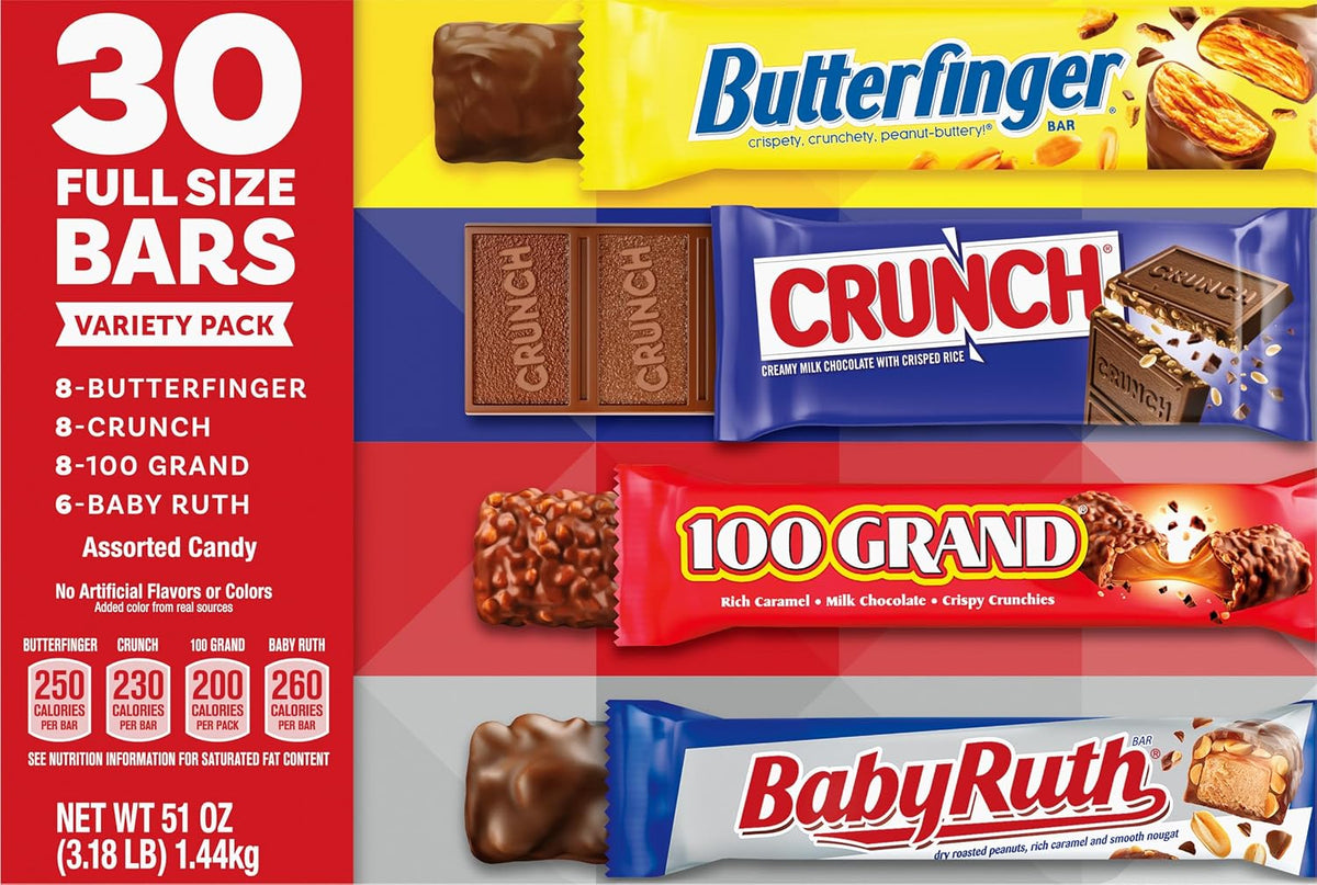 Ferrero Variety Pack 30 Candy Bars (8 Butterfinger, 8Crunch, 8-100 Grand, 6BabyRuth)