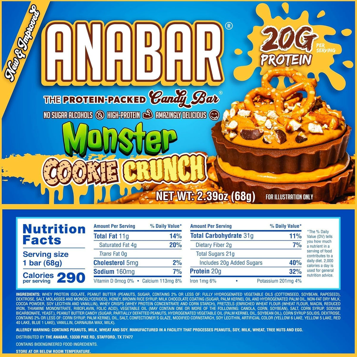 Anabar Protein Bar, The Protein-Packed Candy Bar, Amazing Tasting Protein Bar, No Sugar Alcohols, High Protein, Amazingly Delicious (12 Bars, Milk Chocolate Monster Cookie Crunch)