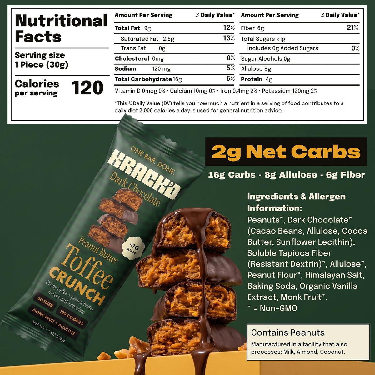 Krack'd Snacks Keto Peanut Butter Toffee Crunch Dark Chocolate Bars 10 Pack