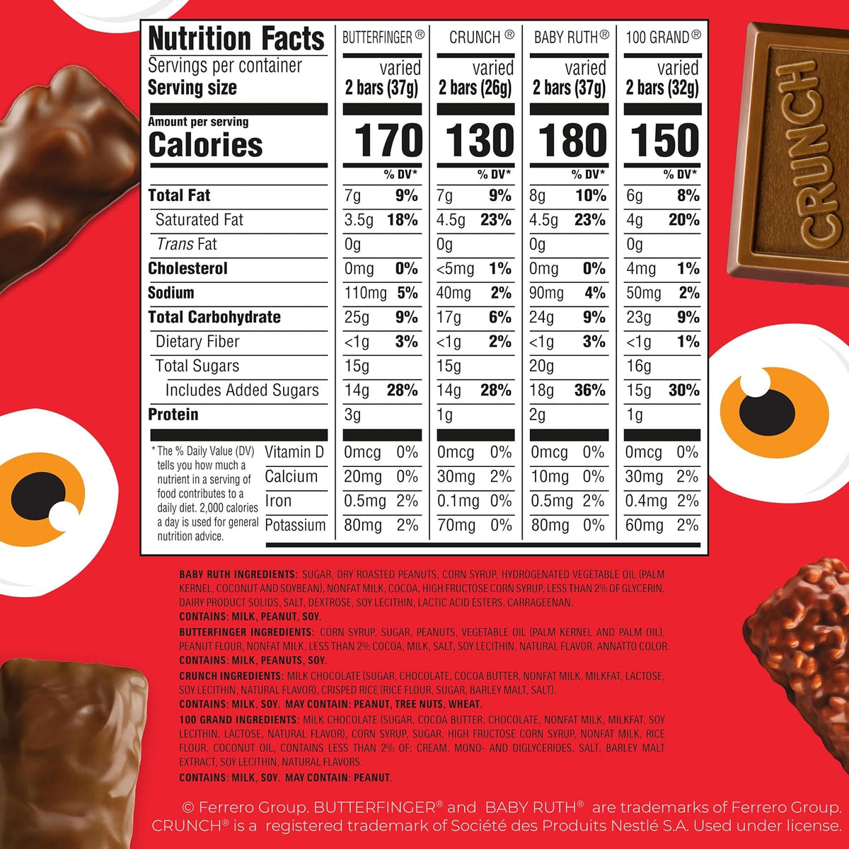 Butterfinger, CRUNCH, Baby Ruth, 100 Grand Halloween Candy Chocolate-y Pack