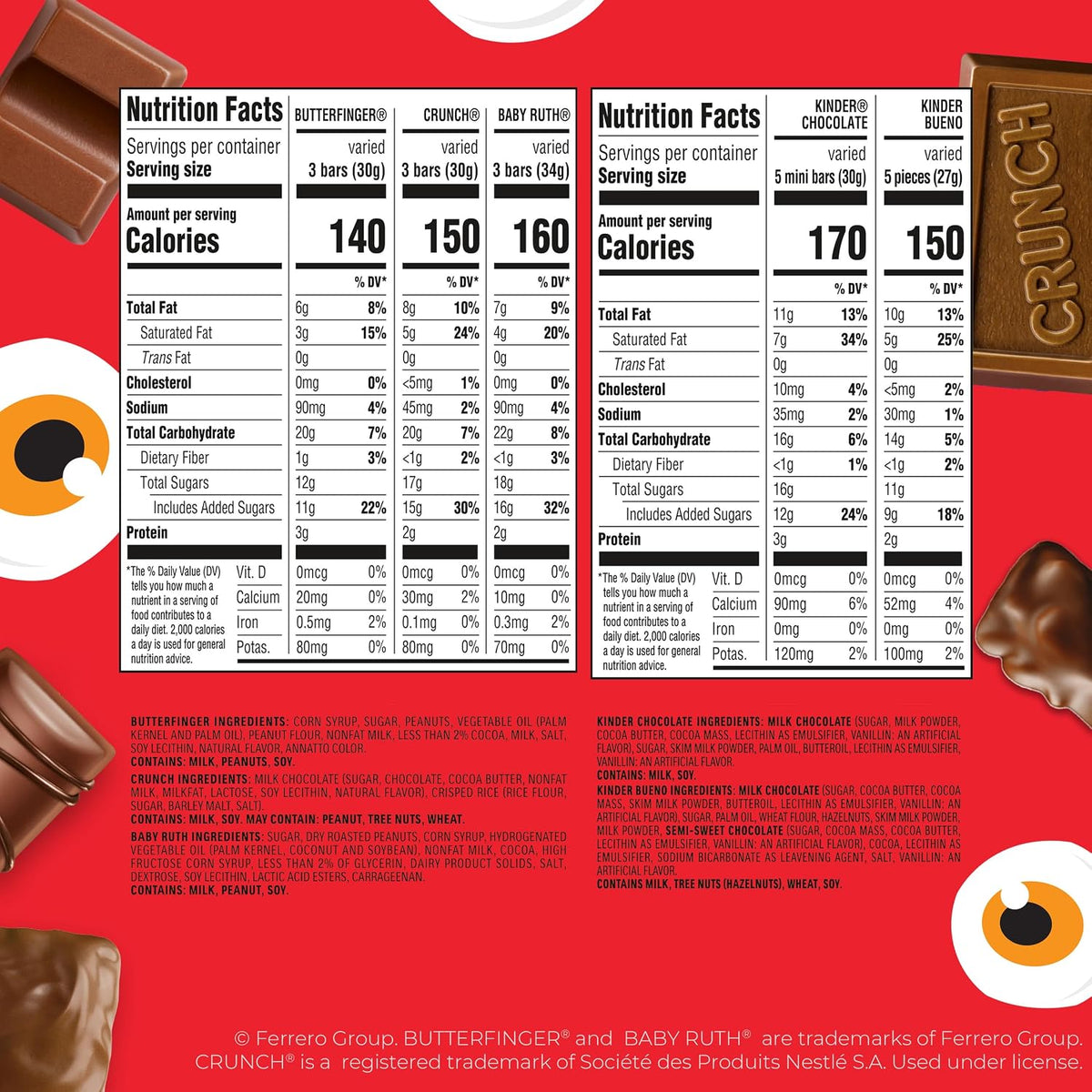 Butterfinger, CRUNCH, Baby Ruth, Kinder Bueno and Kinder Chocolate, Minis Assorted Halloween Candy Bag, 165 Count, 48.05 oz